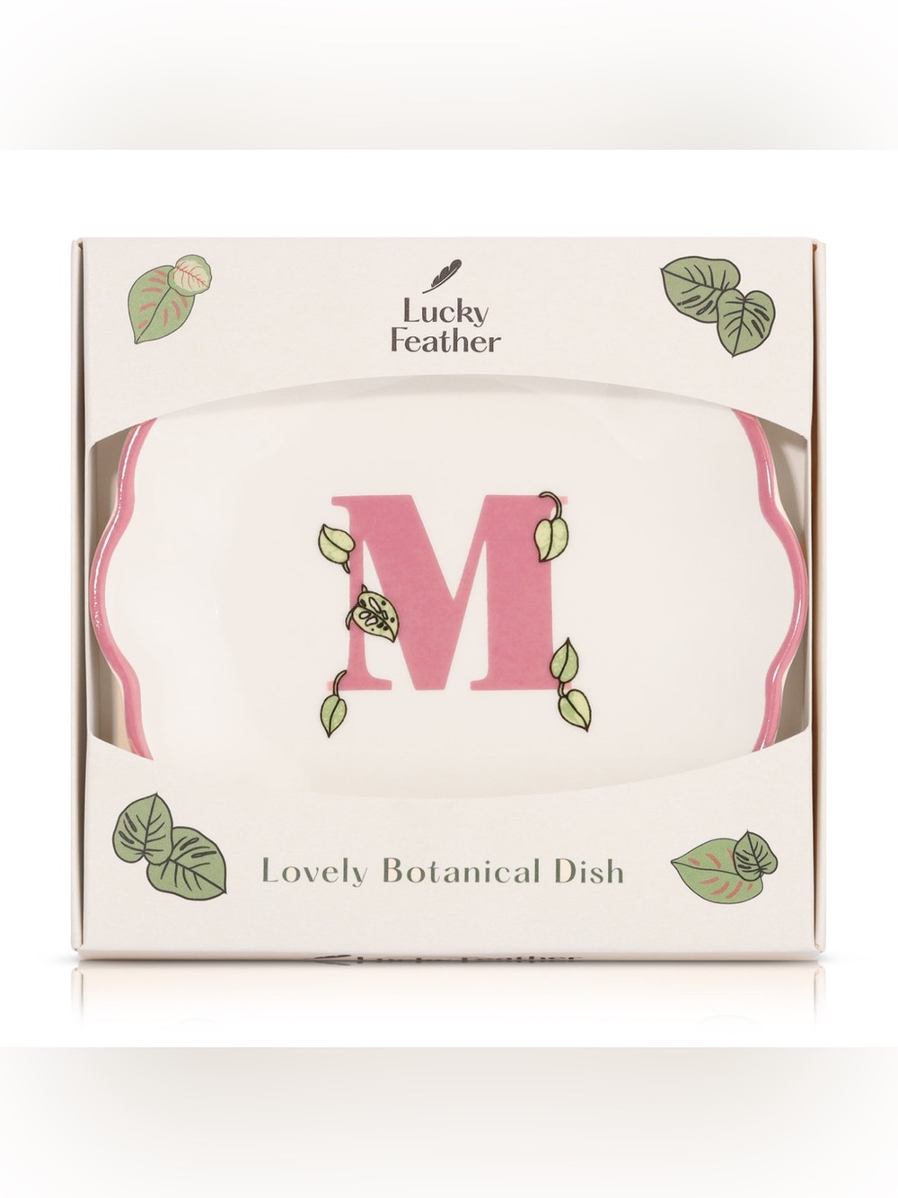 NIB Lucky Feather Botanical Initial M Ceramic Trinket Dish in Gift Box